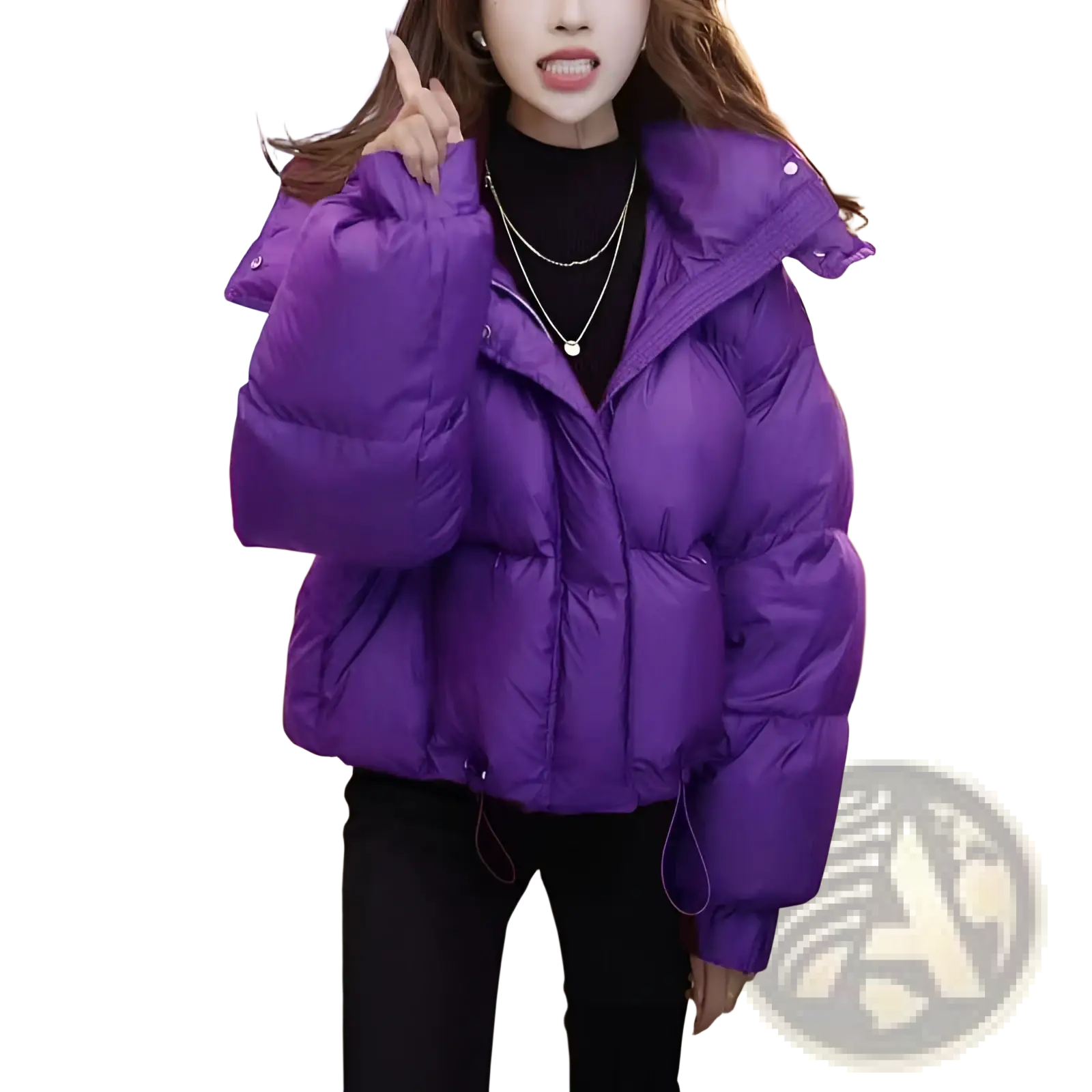 Vibrant purple puffer jacket with hood and quilted design made of cotton for winter wear