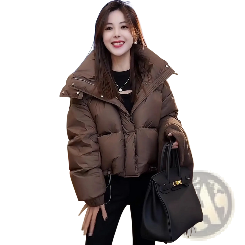 Brown quilted puffer jacket with detachable hood made of cotton for winter wear showing front side