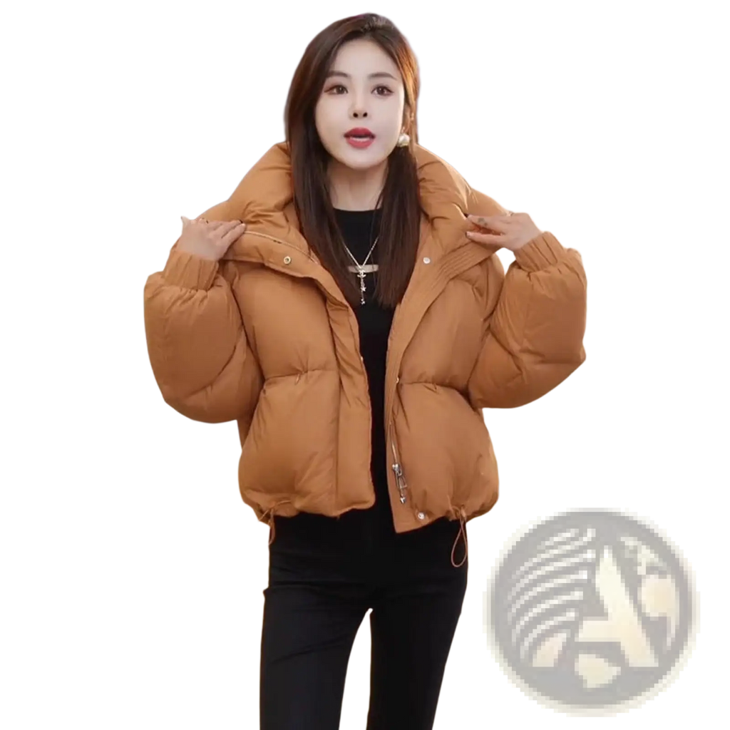 Warm camel-colored quilted puffer jacket with hood made of cotton for winter use