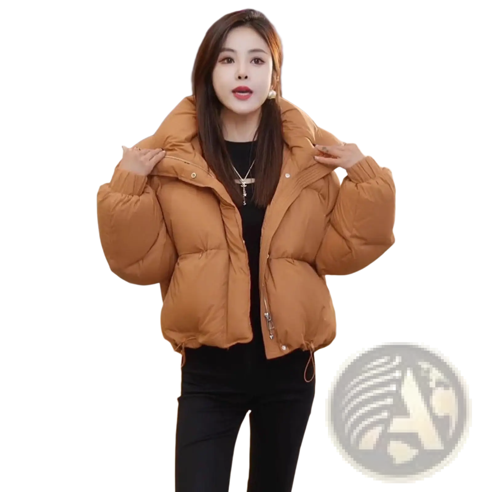 Warm camel-colored quilted puffer jacket with hood made of cotton for winter use