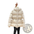 Cream-colored hooded puffer jacket for women made of quilted cotton with drawstring waist and long sleeves