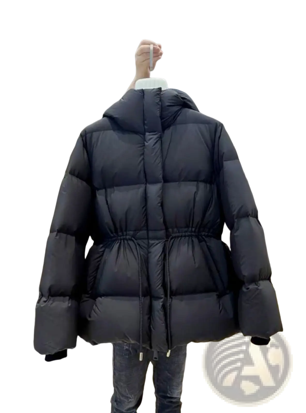 Black puffer jacket women hooded quilted cotton coat with drawstring waist and hood for cold weather wear