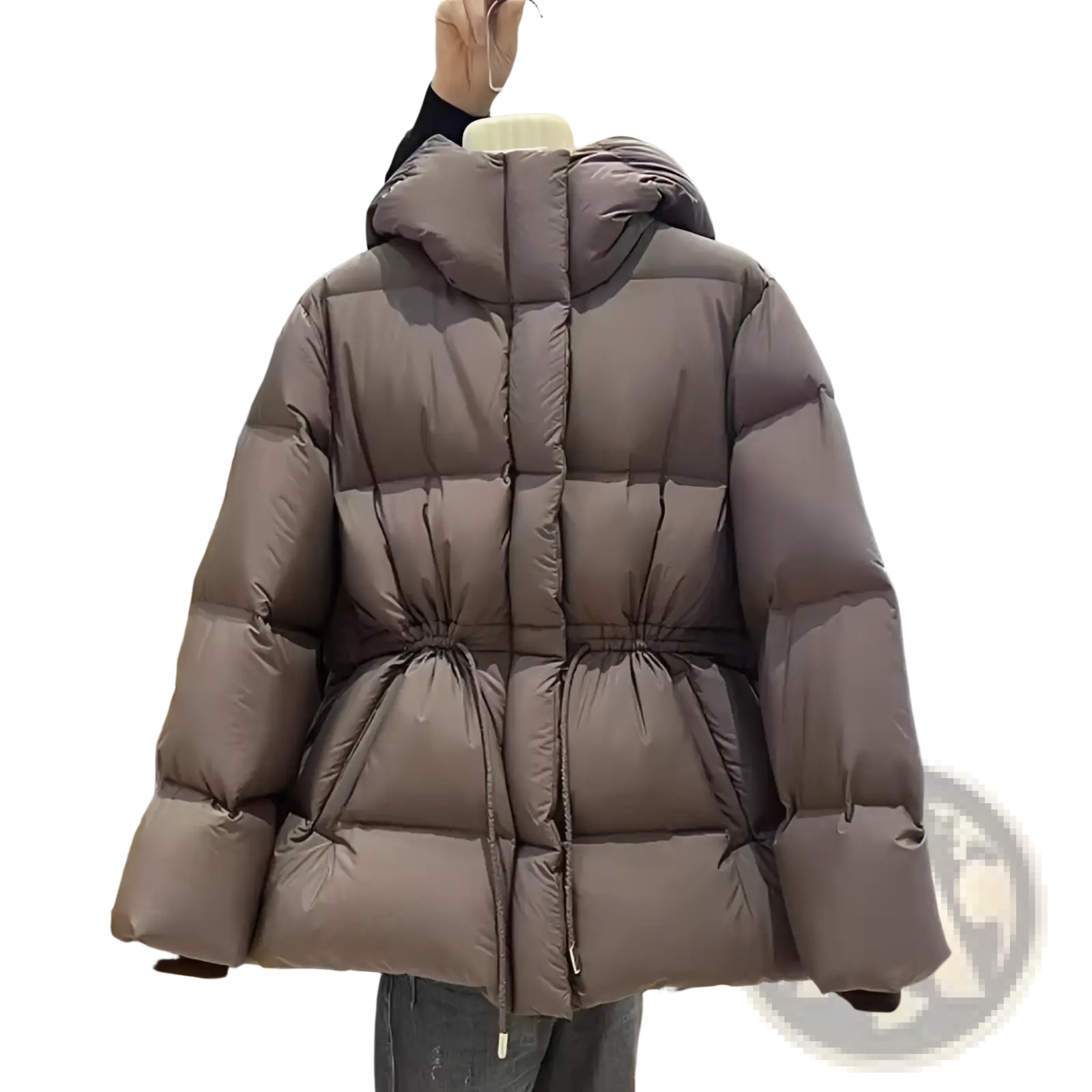 A cozy chocolate brown hooded quilted cotton puffer jacket for women with a drawstring waist