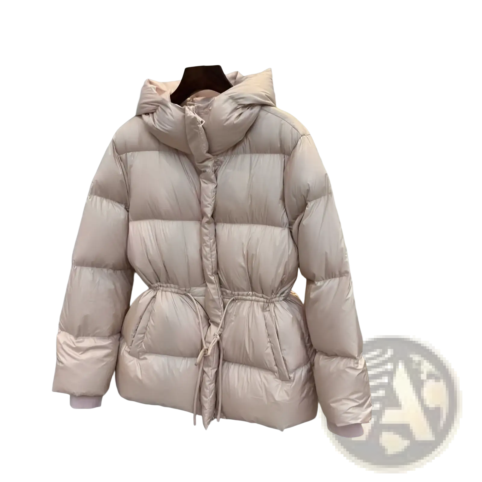 Beige puffer jacket women hooded quilted cotton coat with hood and drawstring waist for warmth and style