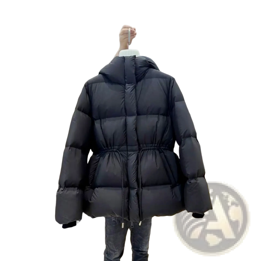 Black puffer jacket women hooded quilted cotton coat with drawstring waist and sleek modern design