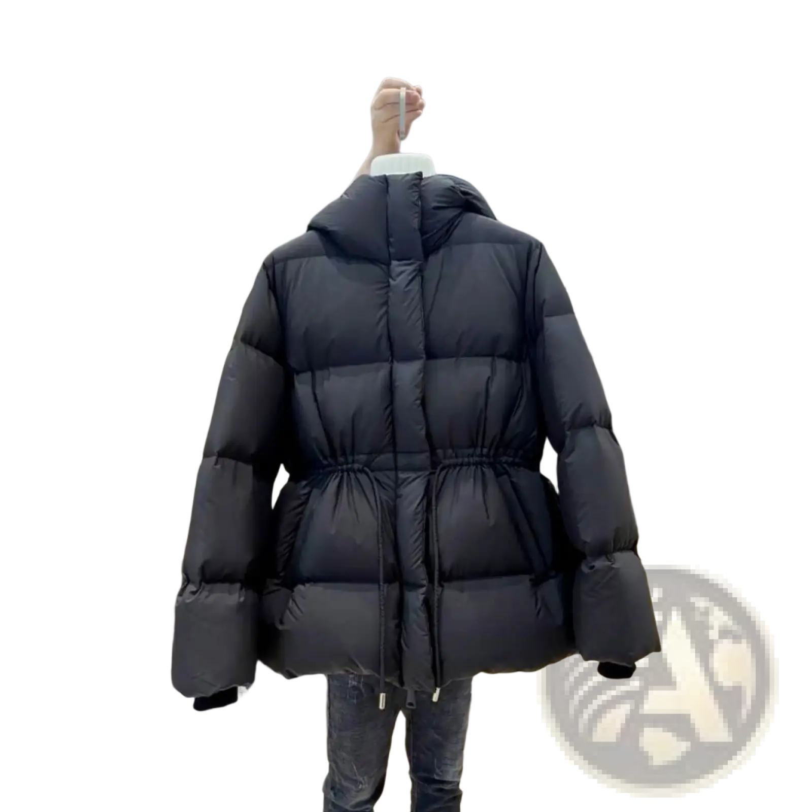 Black puffer jacket women hooded quilted cotton coat with drawstring waist and sleek modern design