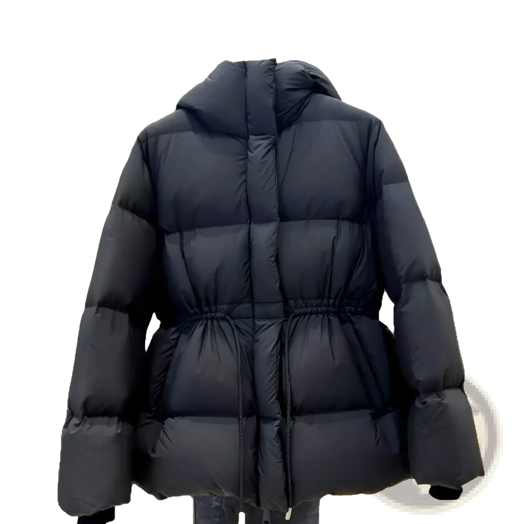 Black quilted cotton puffer jacket for women with hood and drawstring waist for cold weather use