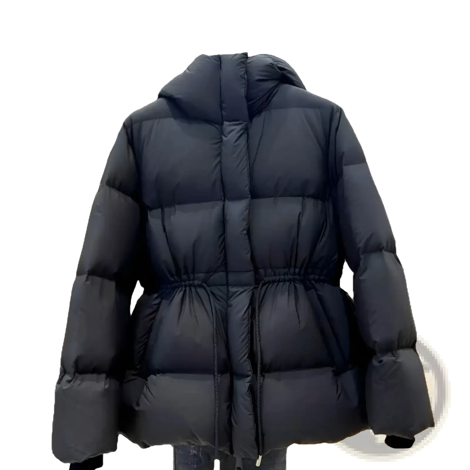 Black quilted cotton puffer jacket for women with hood and drawstring waist for cold weather use