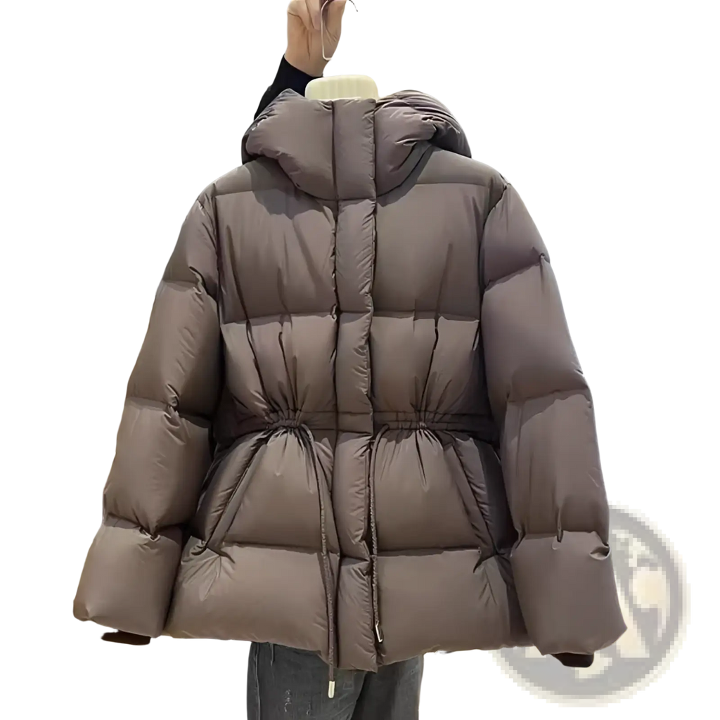 A cozy chocolate brown puffer jacket for women with quilted cotton fabric hood and drawstring waist