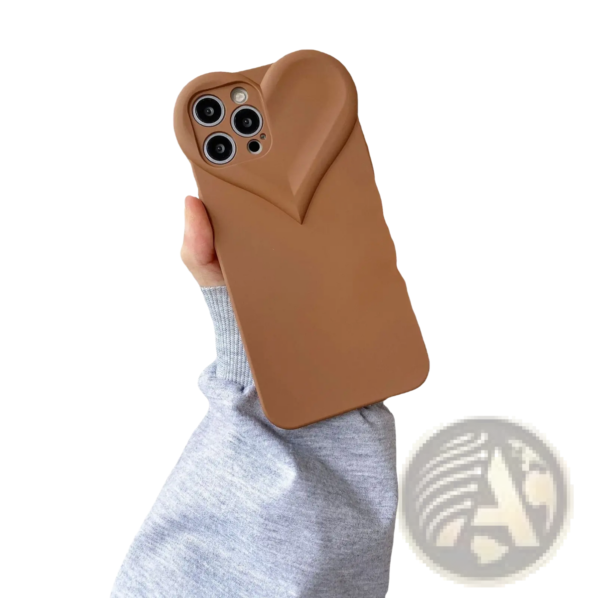 Matte brown silicone iphone case with raised heart design around camera cutout shown from the back side