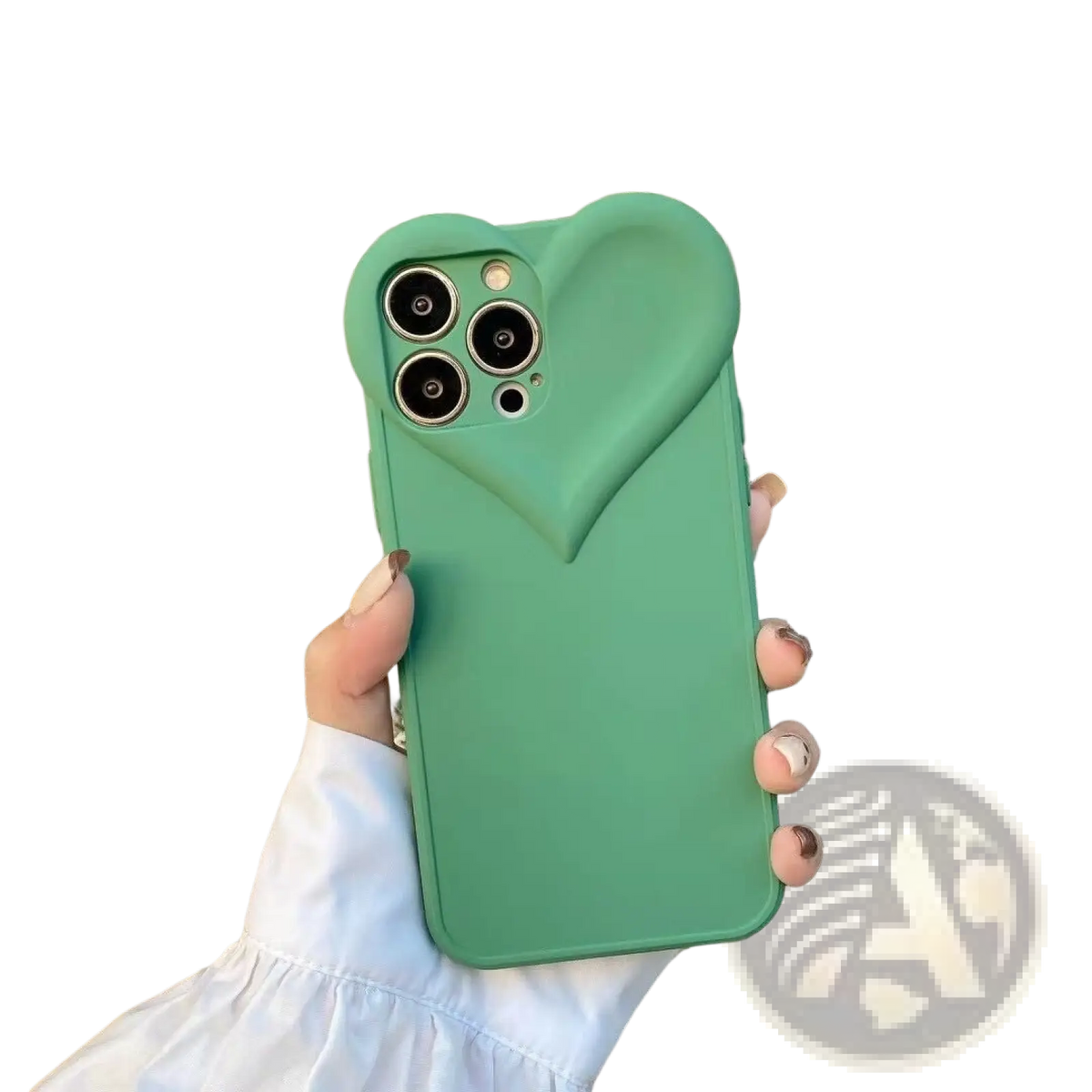 Puffy heart silicone iPhone case in mint green with a smooth matte finish showing the back side of the case