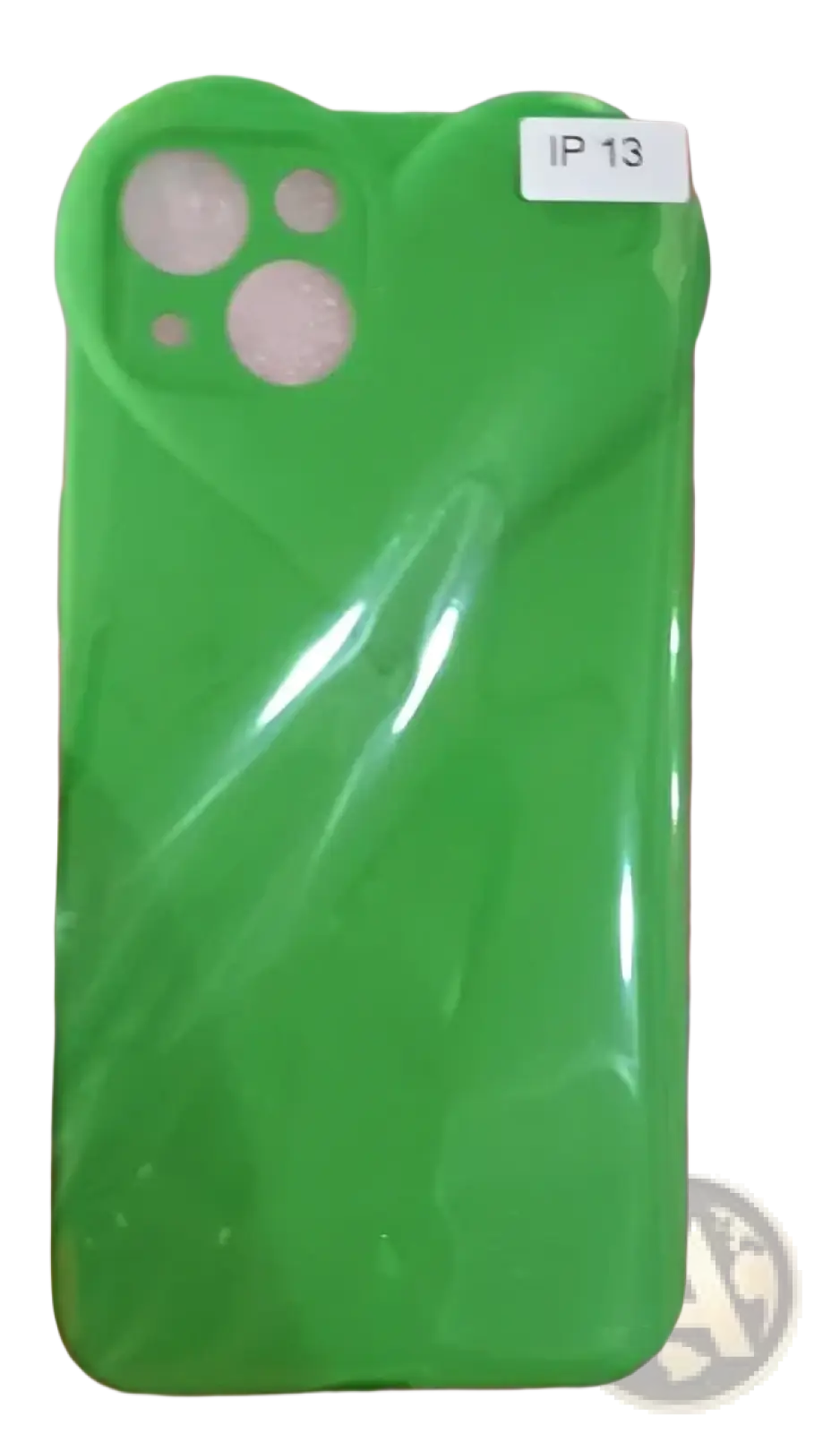 Bright green puffy heart silicone iPhone case with a glossy finish showing the back side and camera cutout