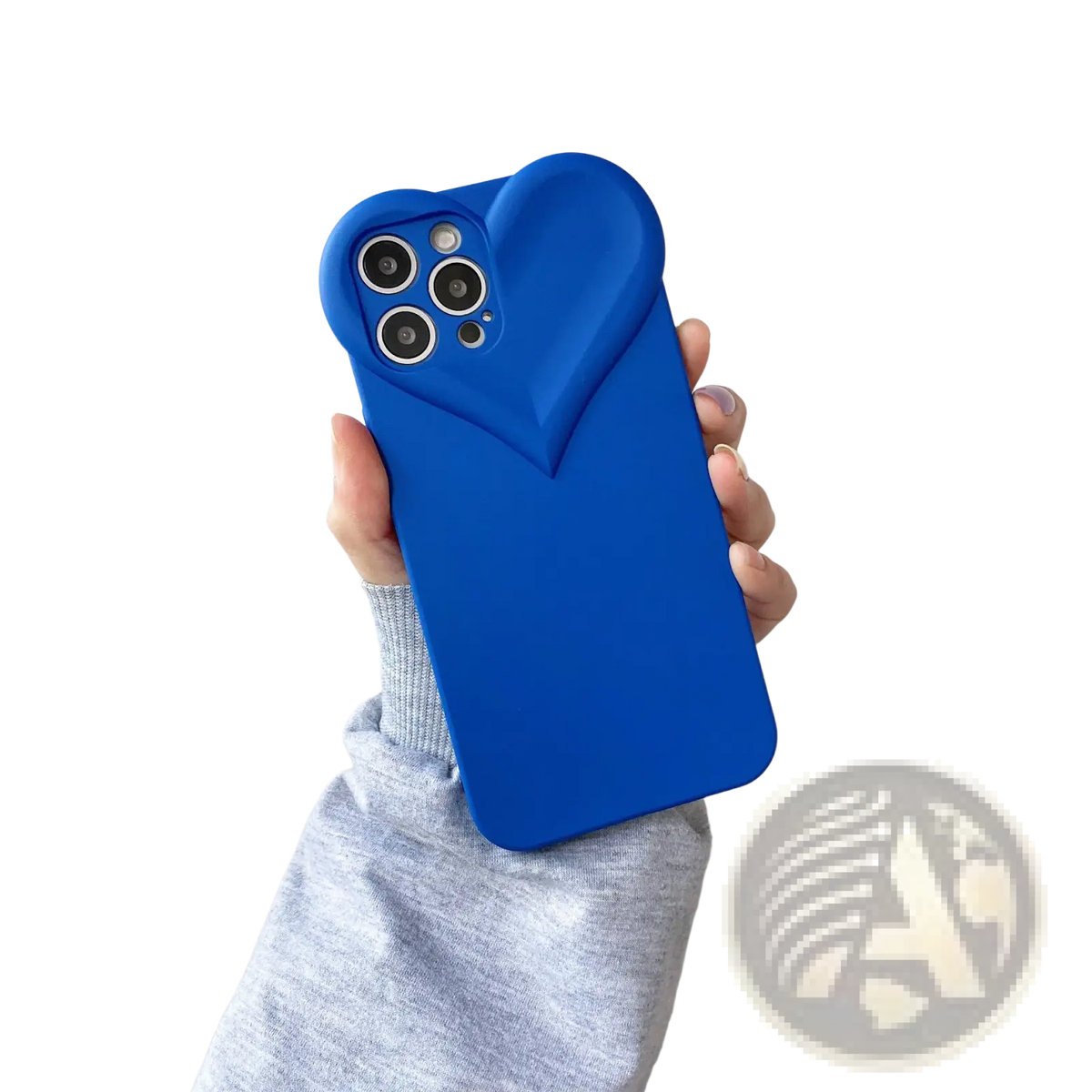 Back side of a vibrant blue puffy heart silicone iPhone case with a smooth matte finish and precise camera cutouts
