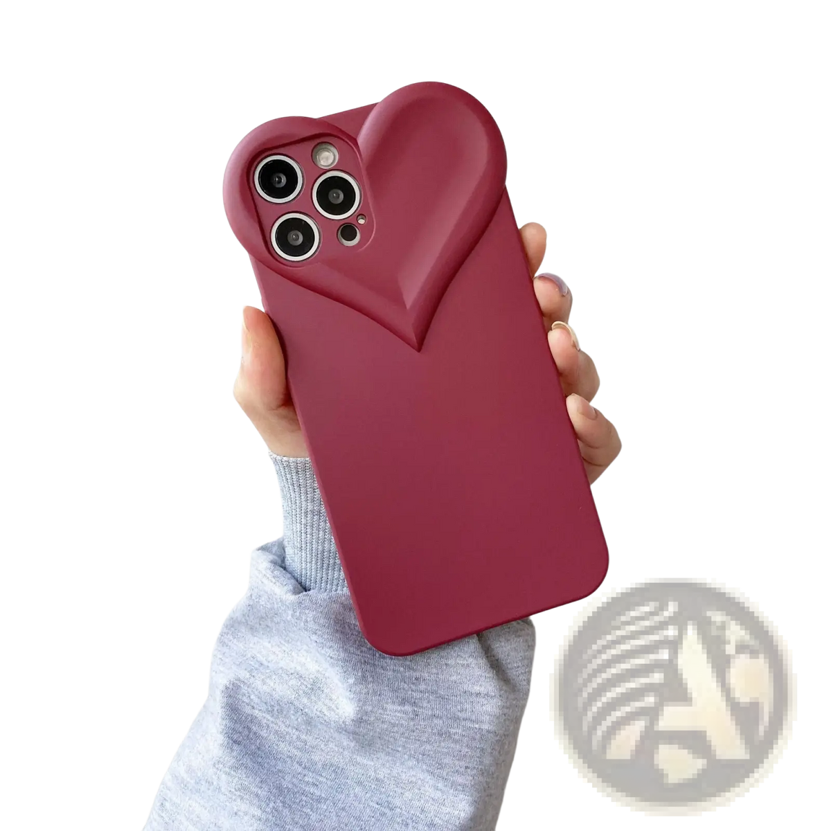 A matte red heart-shaped iphone case made of smooth silicone shown from the back side for protective use