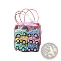 A clear plastic gift bag with pink handles and zipper containing colorful pull back fire truck and engineering vehicles