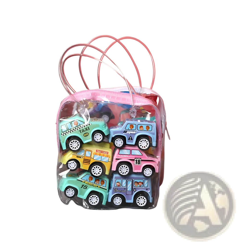 A clear plastic gift bag with pink handles and zipper containing colorful pull back fire truck and engineering vehicles