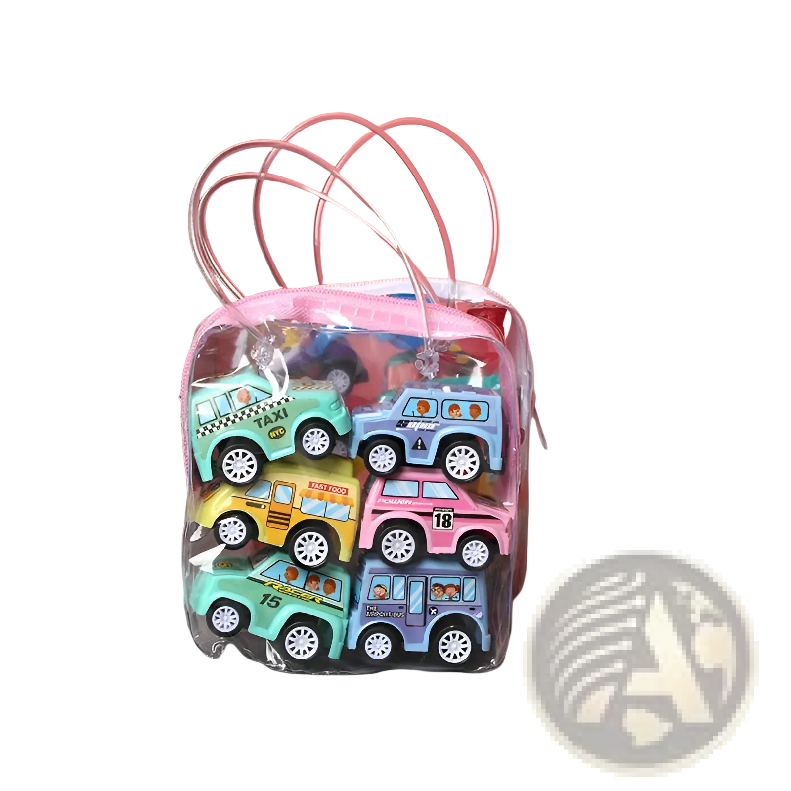 A clear plastic gift bag with pink handles and zipper containing colorful pull back fire truck and engineering vehicles