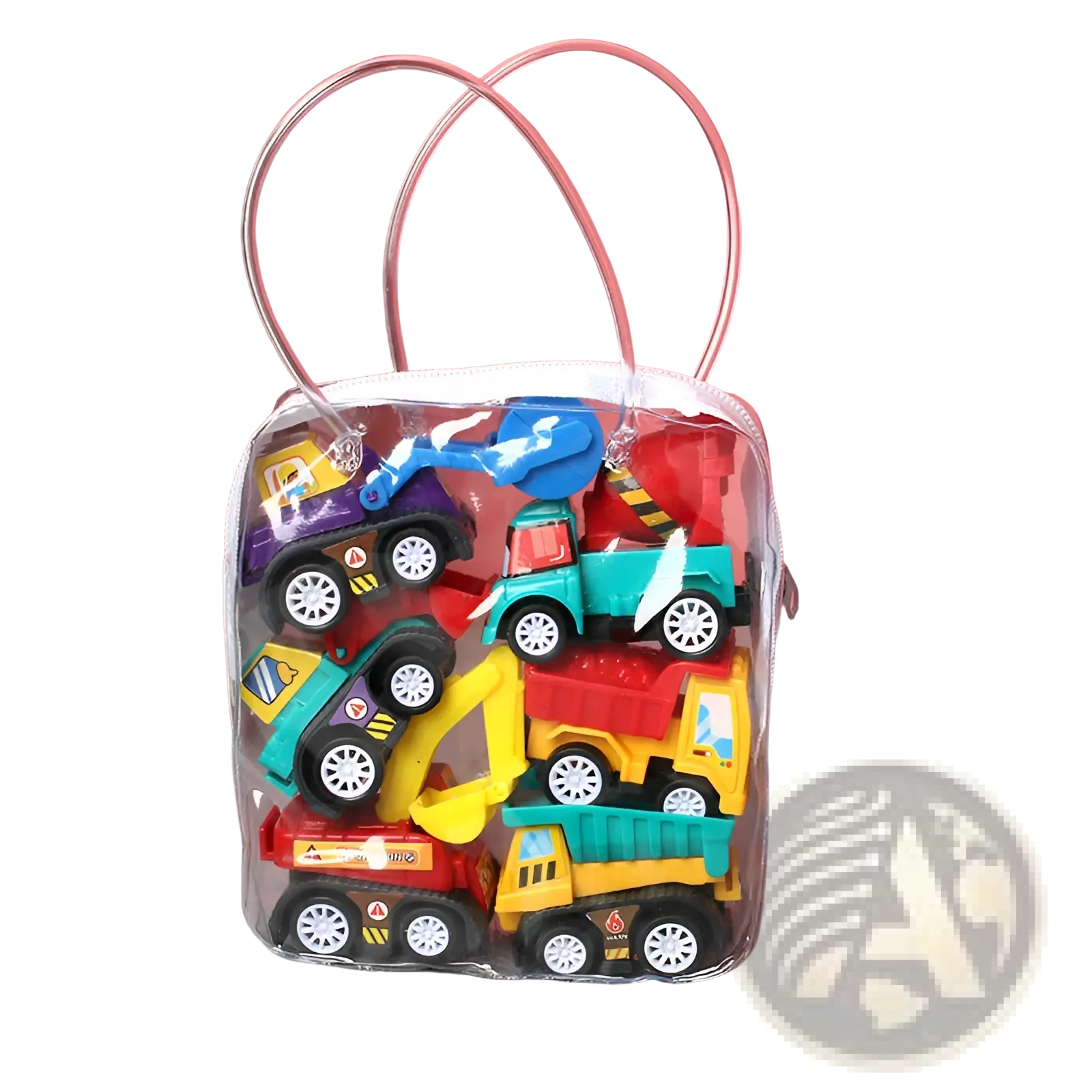 Clear plastic bag with transparent handles containing colorful pull back fire truck and engineering vehicle toys