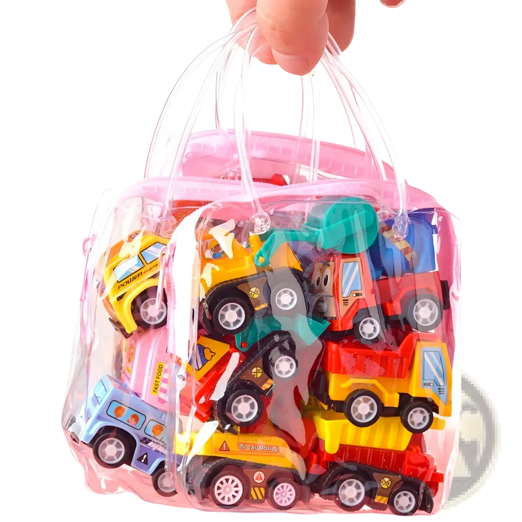 A colorful assortment of plastic pull back fire truck and engineering vehicles packed in a clear pink-handled bag