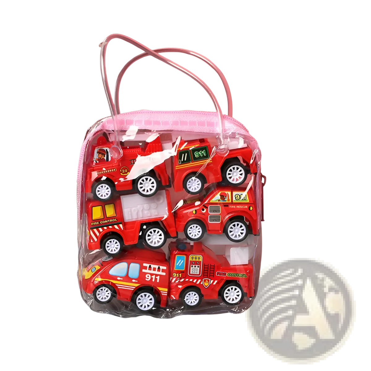 Set of four red plastic pull back fire trucks in a clear plastic bag with a pink zipper for engineering play