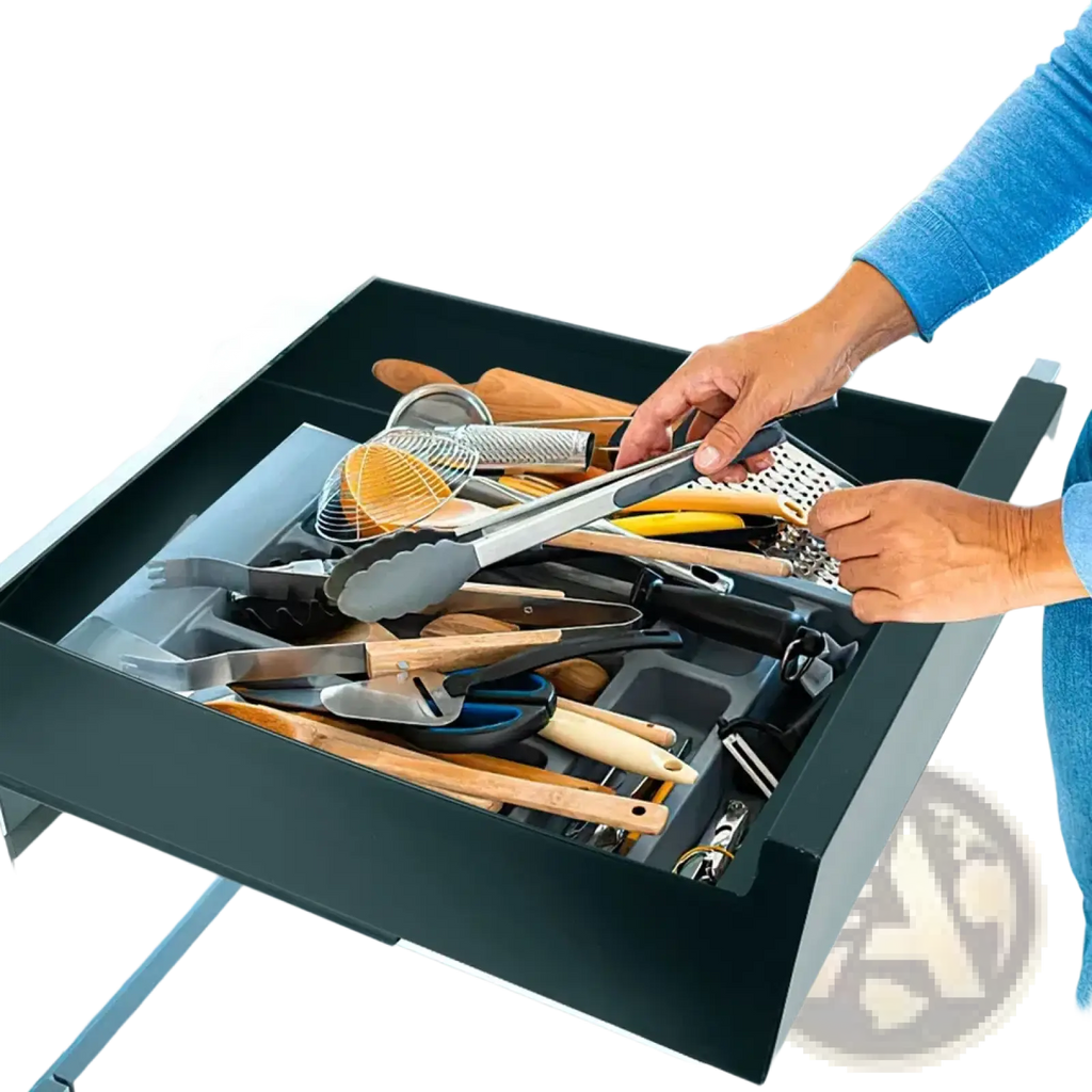 Black organized kitchen drawer with utensils in pull out cabinet organizer carbon steel drawer black