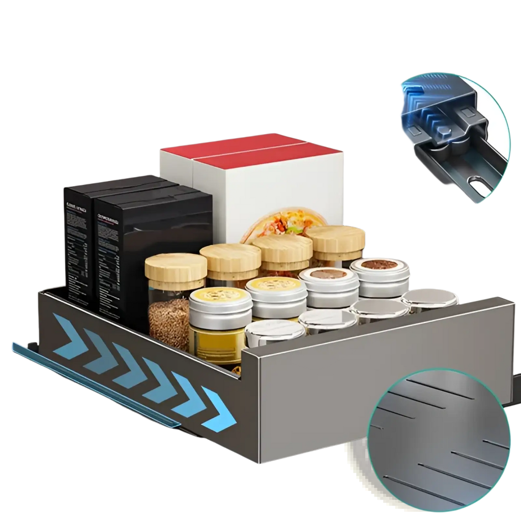 Silver metallic pull out cabinet organizer carbon steel drawer with hollow bottom and blue arrow accents holding spice jars
