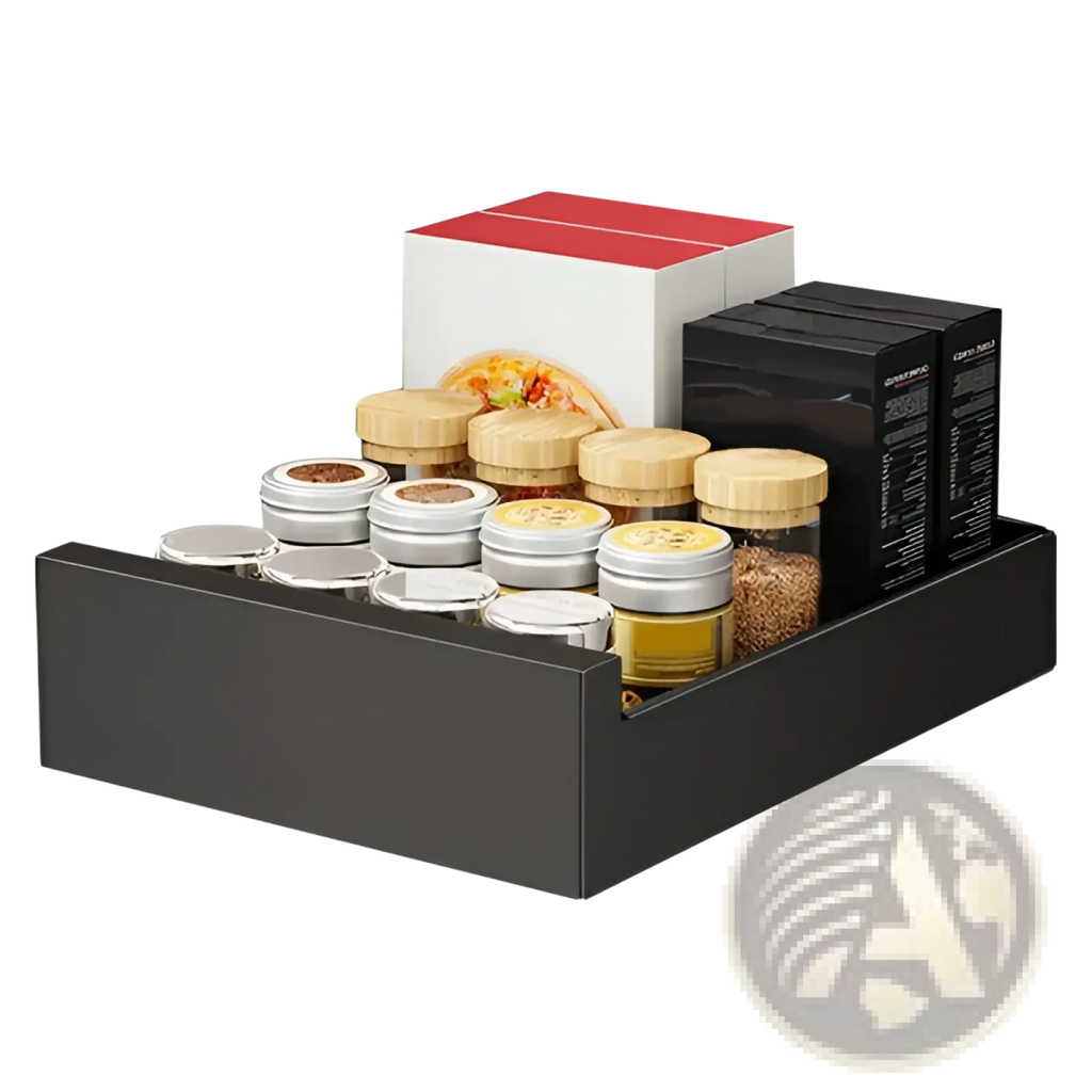 Black rectangular pull out cabinet organizer made of carbon steel with multiple compartments holding glass jars and wooden lids