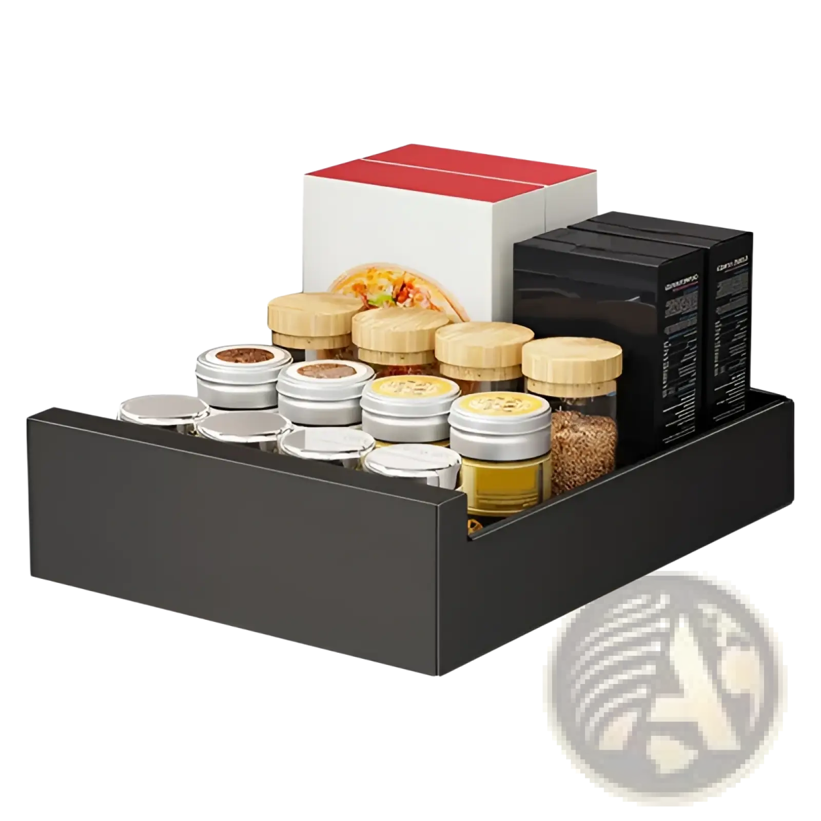 Black rectangular pull out cabinet organizer made of carbon steel with multiple compartments holding glass jars and wooden lids
