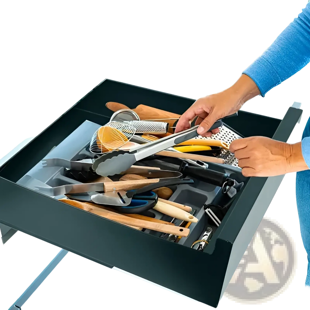 Black carbon steel pull out cabinet organizer drawer with stainless steel and wooden handle kitchen utensils