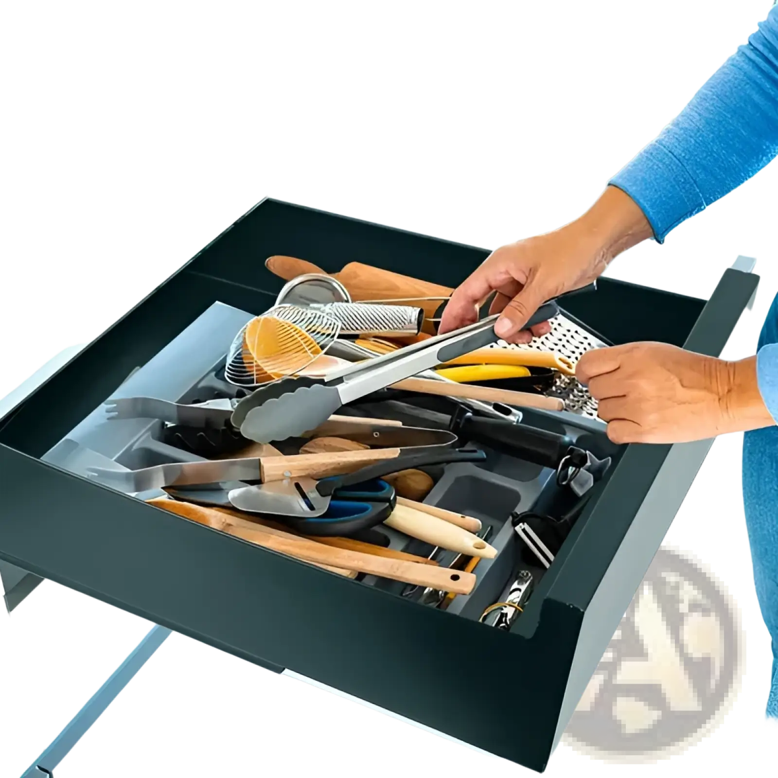 Black carbon steel pull out cabinet organizer drawer with stainless steel and wooden handle kitchen utensils