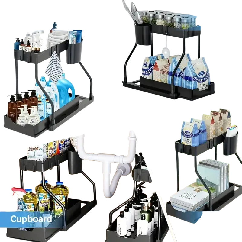 Black two-tiered pull-out design kitchen sink organizer with curved stainless steel frame and plastic trays