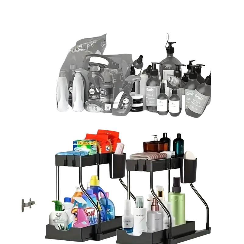 Black two-tiered metal kitchen sink storage rack with pull-out design and integrated cup holders made in mainland china