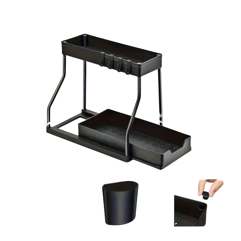 Black stainless steel pull-out design kitchen sink organizer with two tiers top tray hooks and bottom drainage tray