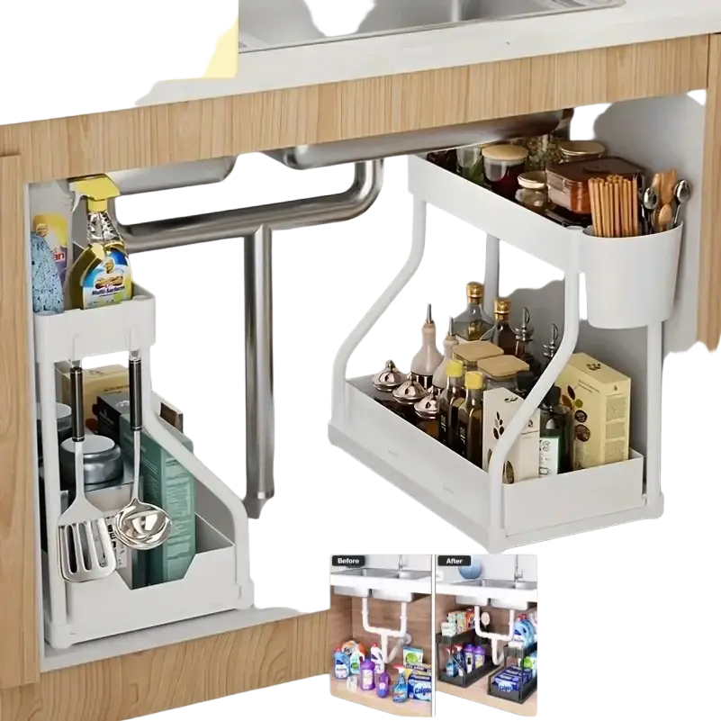 White plastic kitchen sink pull-out design organizer with two tiers and side compartments for stainless steel racks