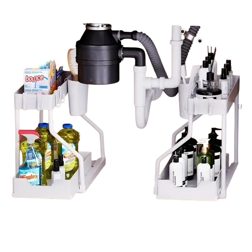 White two-tier pull-out kitchen sink organizer with curved metal supports and adjustable shelves made in mainland china