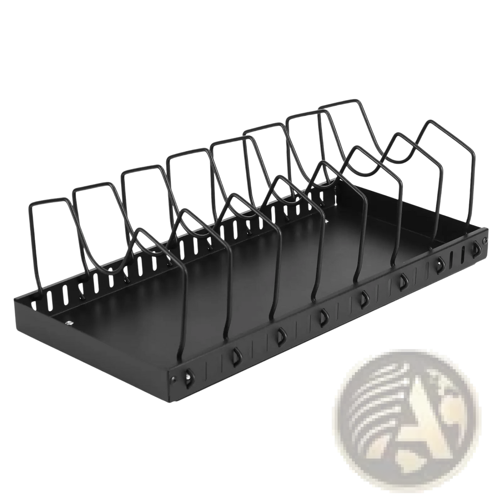 Black metal pull out pots and pans organizer with ten evenly spaced curved slots for holding periodicals