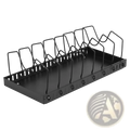 Black metal pull out pots and pans organizer with ten evenly spaced curved slots for holding periodicals