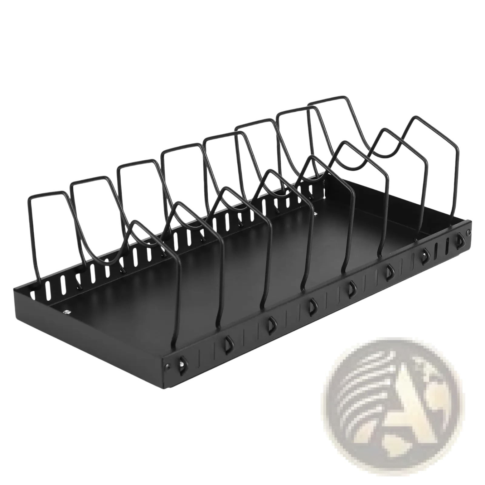 Black metal pull out pots and pans organizer with ten evenly spaced curved slots for holding periodicals