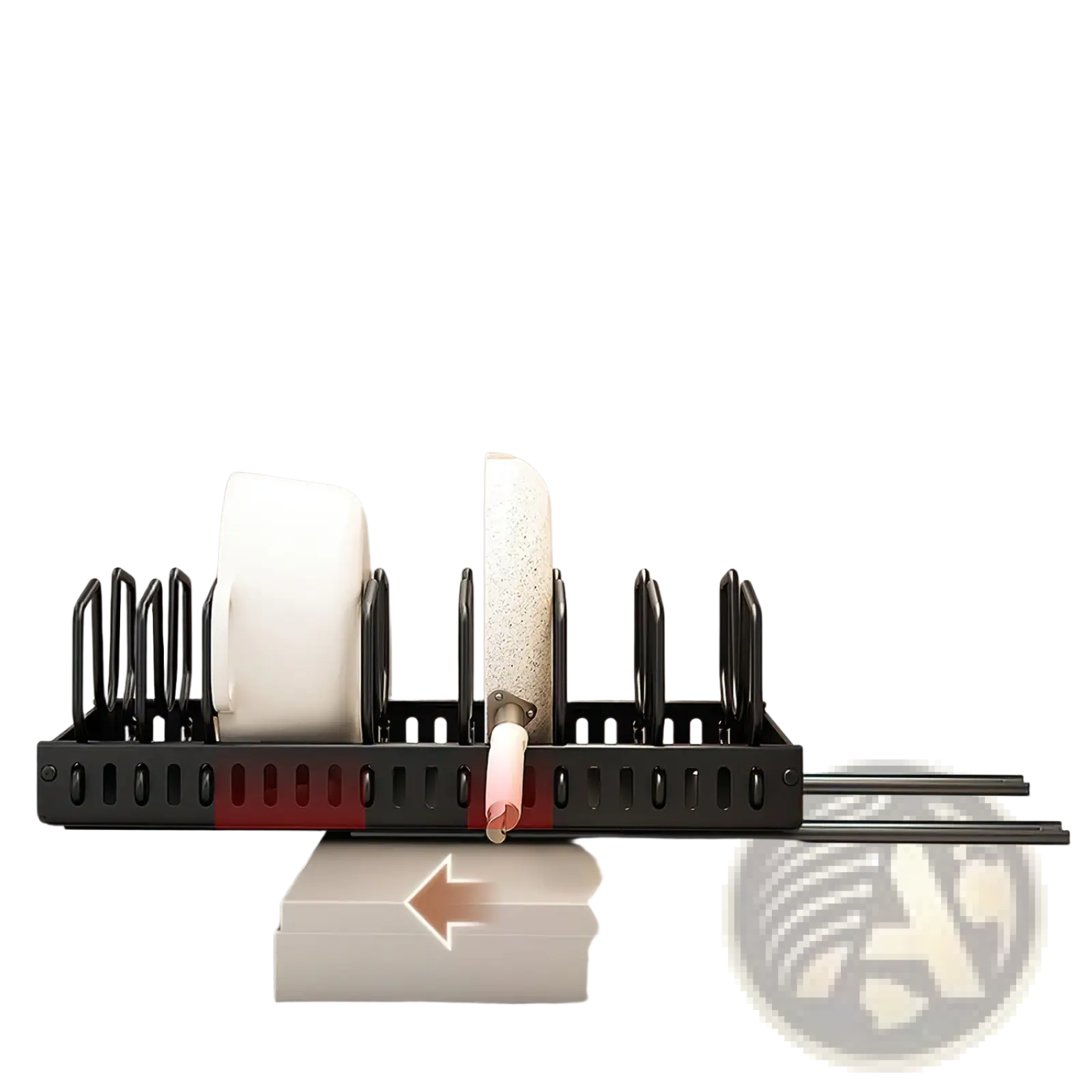 Black metal pull out pots and pans organizer with eight adjustable dividers for efficient kitchen storage