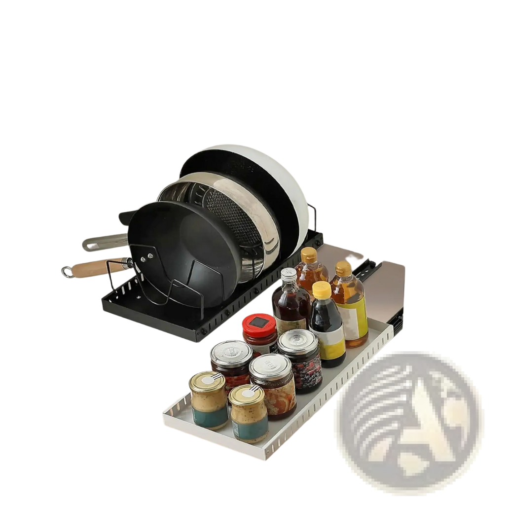 Black metal under-sink pull out pots and pans organizer with sliding tray and 8 dividers holding cookware and jars