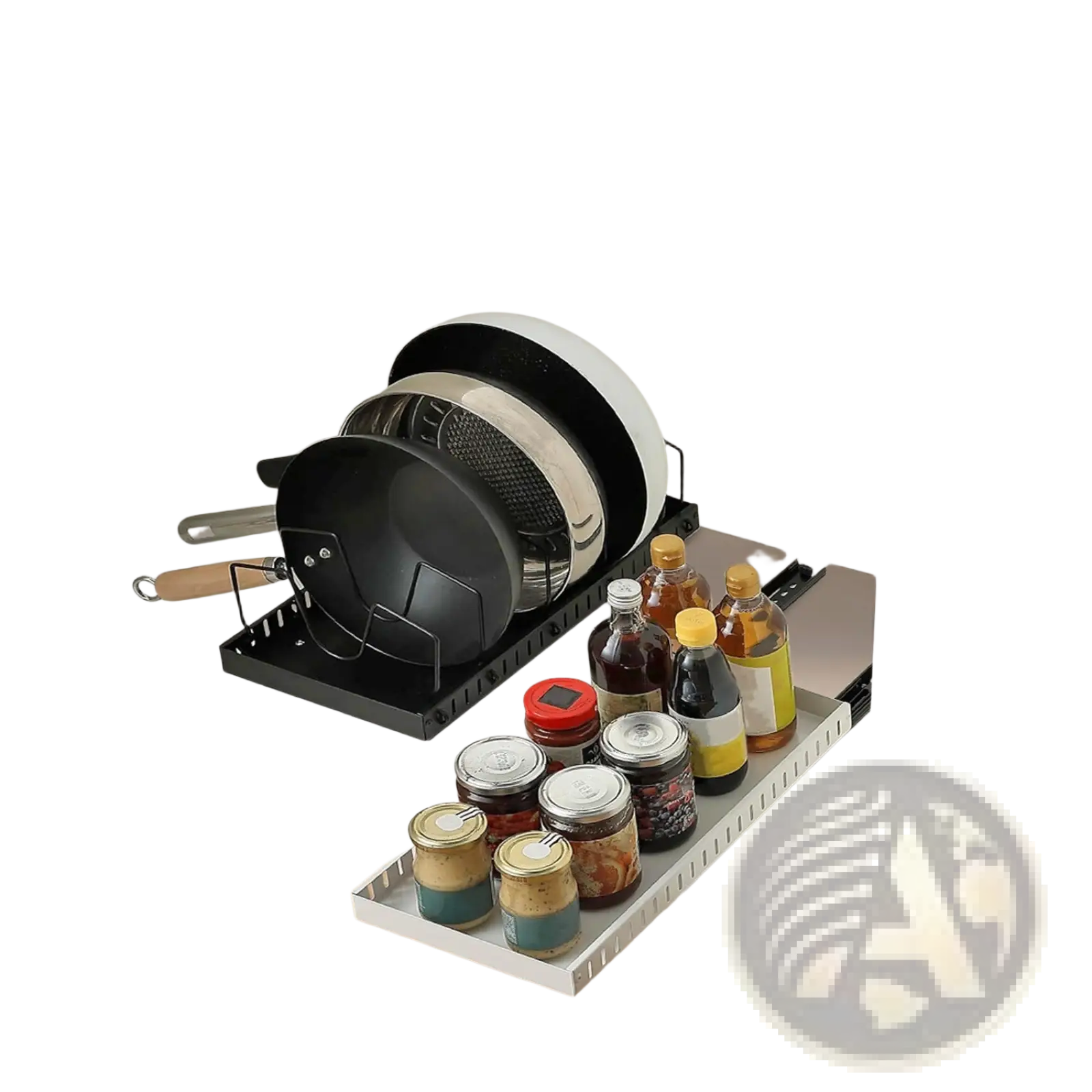 Black metal under-sink pull out pots and pans organizer with sliding tray and 8 dividers holding cookware and jars