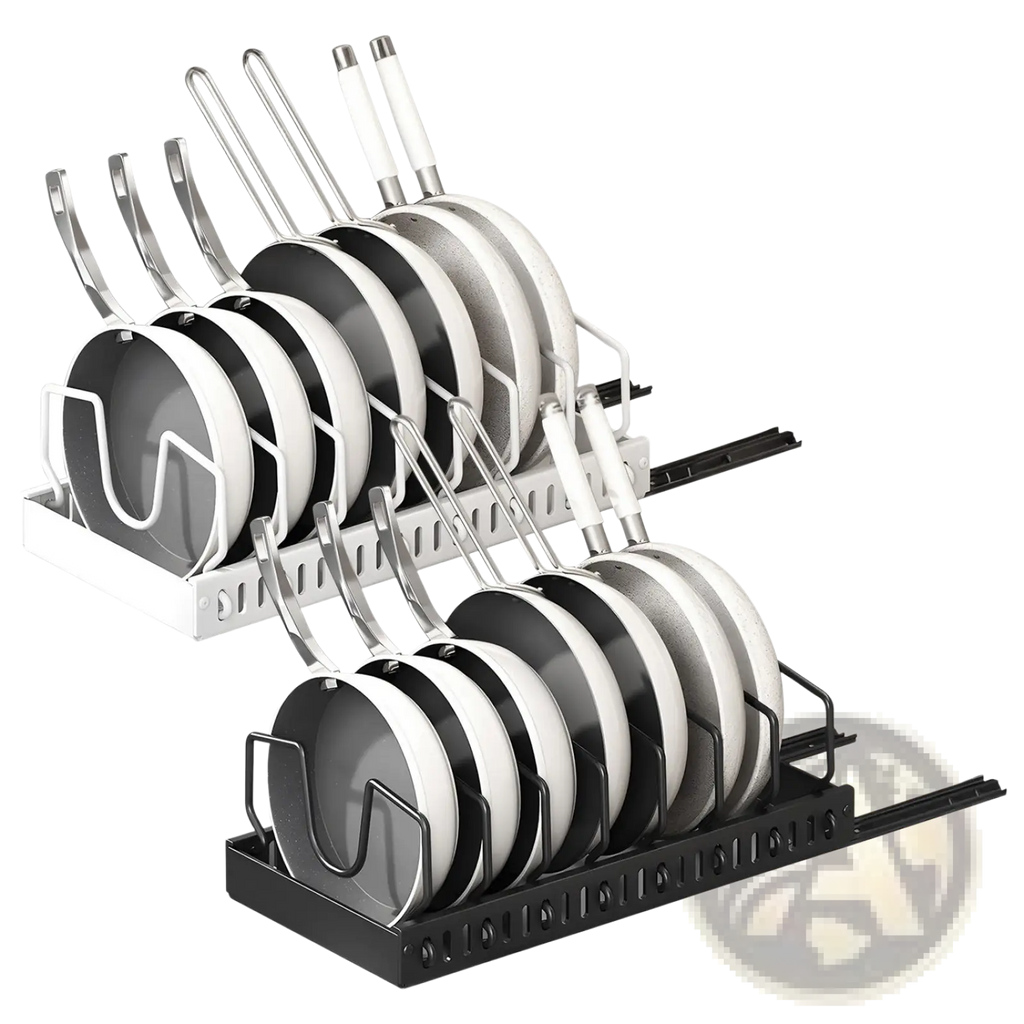 Black and white two-tiered sliding pan rack with stainless steel handles and 8 dividers for pull out pots and pans organization