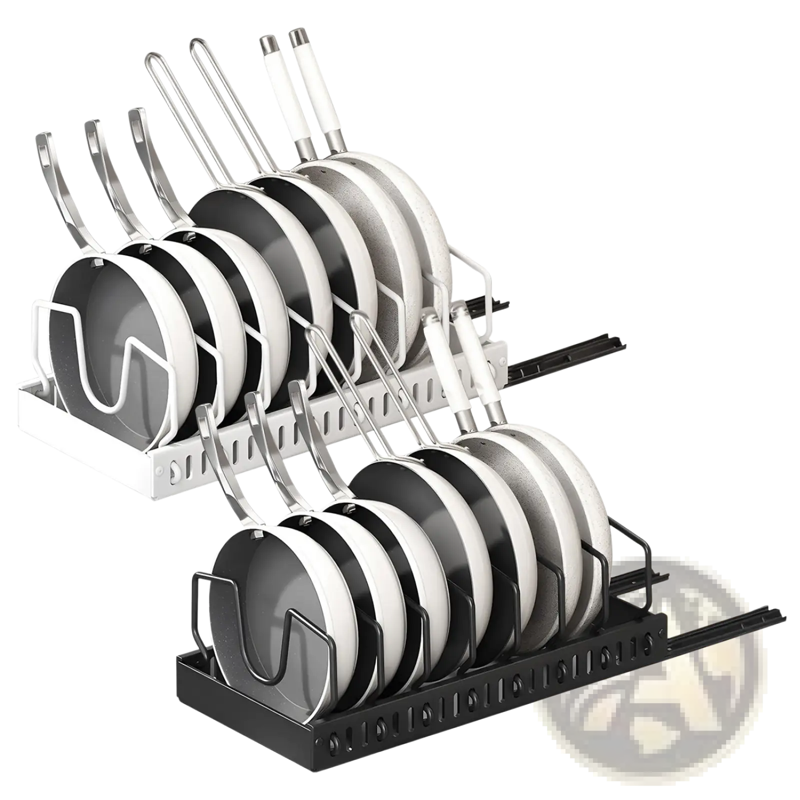 Black and white two-tiered sliding pan rack with stainless steel handles and 8 dividers for pull out pots and pans organization