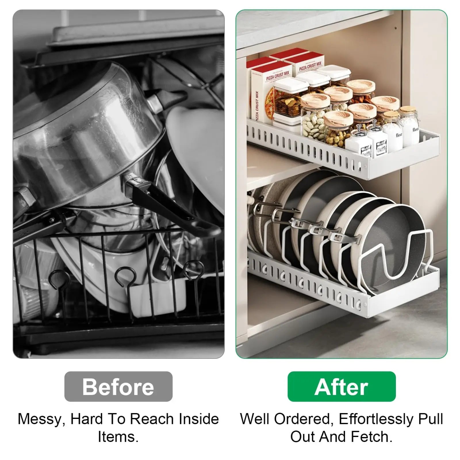 White pull out pots and pans organizer with 8 dividers featuring adjustable shelves and plate holders in a kitchen setting