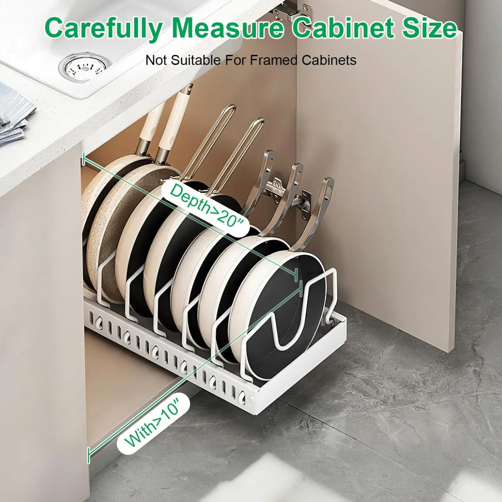 White metal pull out pots and pans organizer with 8 curved slots for holding frying pans in drawers