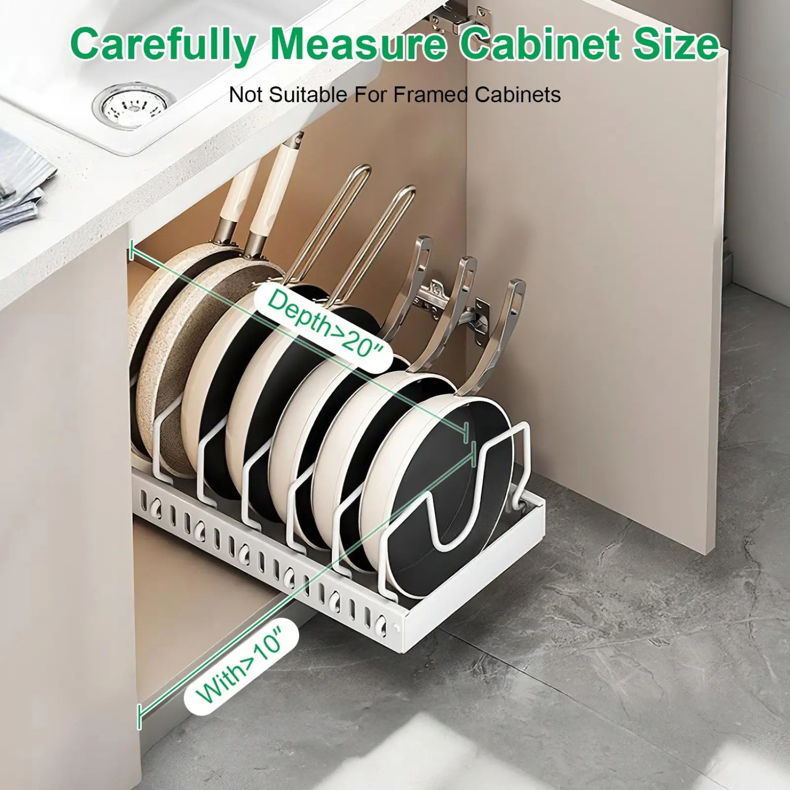 White metal pull out pots and pans organizer with 8 curved slots for holding frying pans in drawers