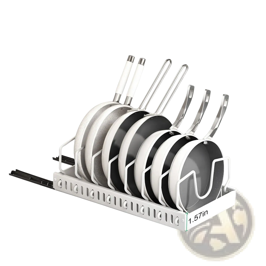 White metal pull out pots and pans organizer with eight dividers holding six black and white nonstick frying pans