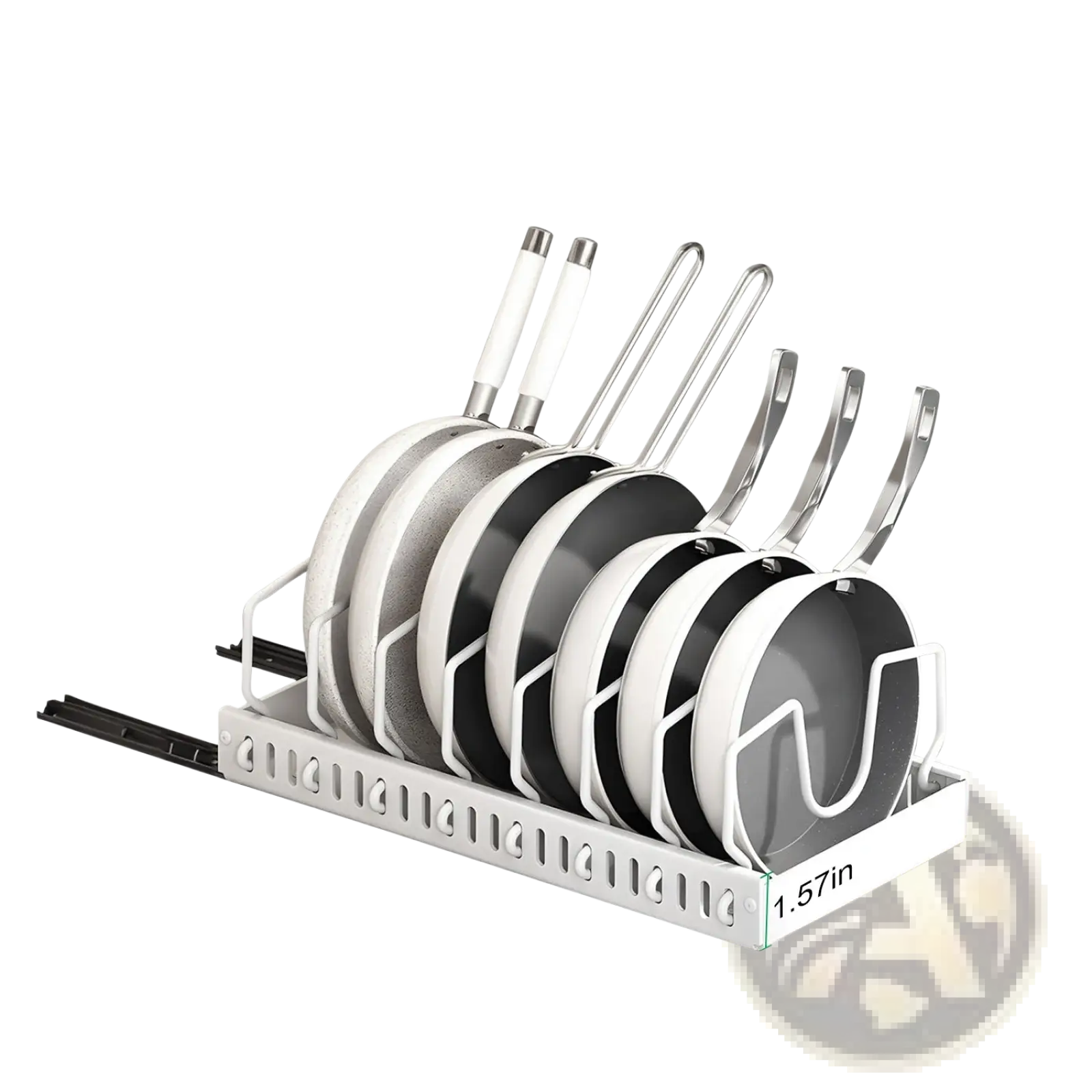 White metal pull out pots and pans organizer with eight dividers holding six black and white nonstick frying pans