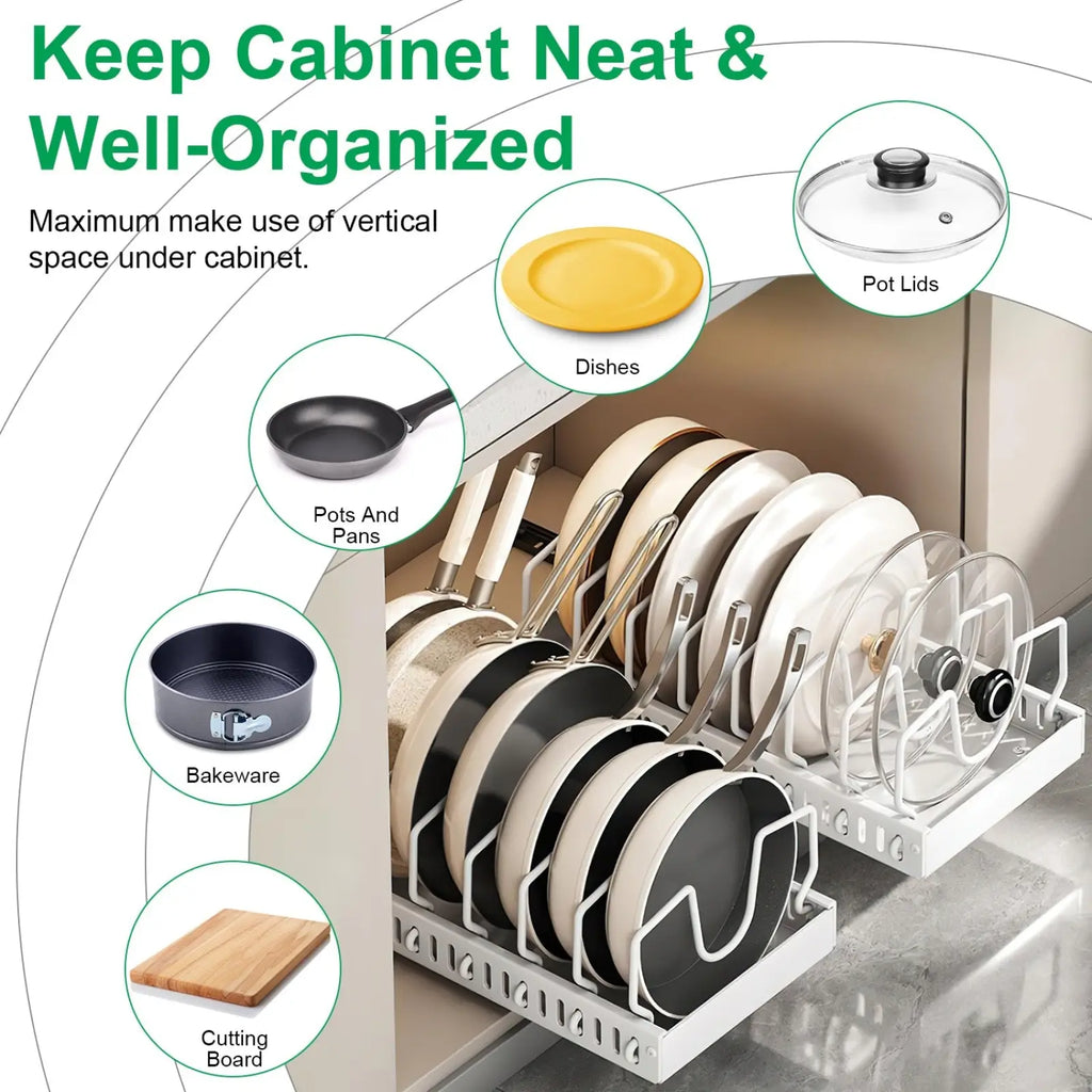 White metal pull out pots and pans organizer with 8 dividers holding kitchenware in neat vertical arrangement