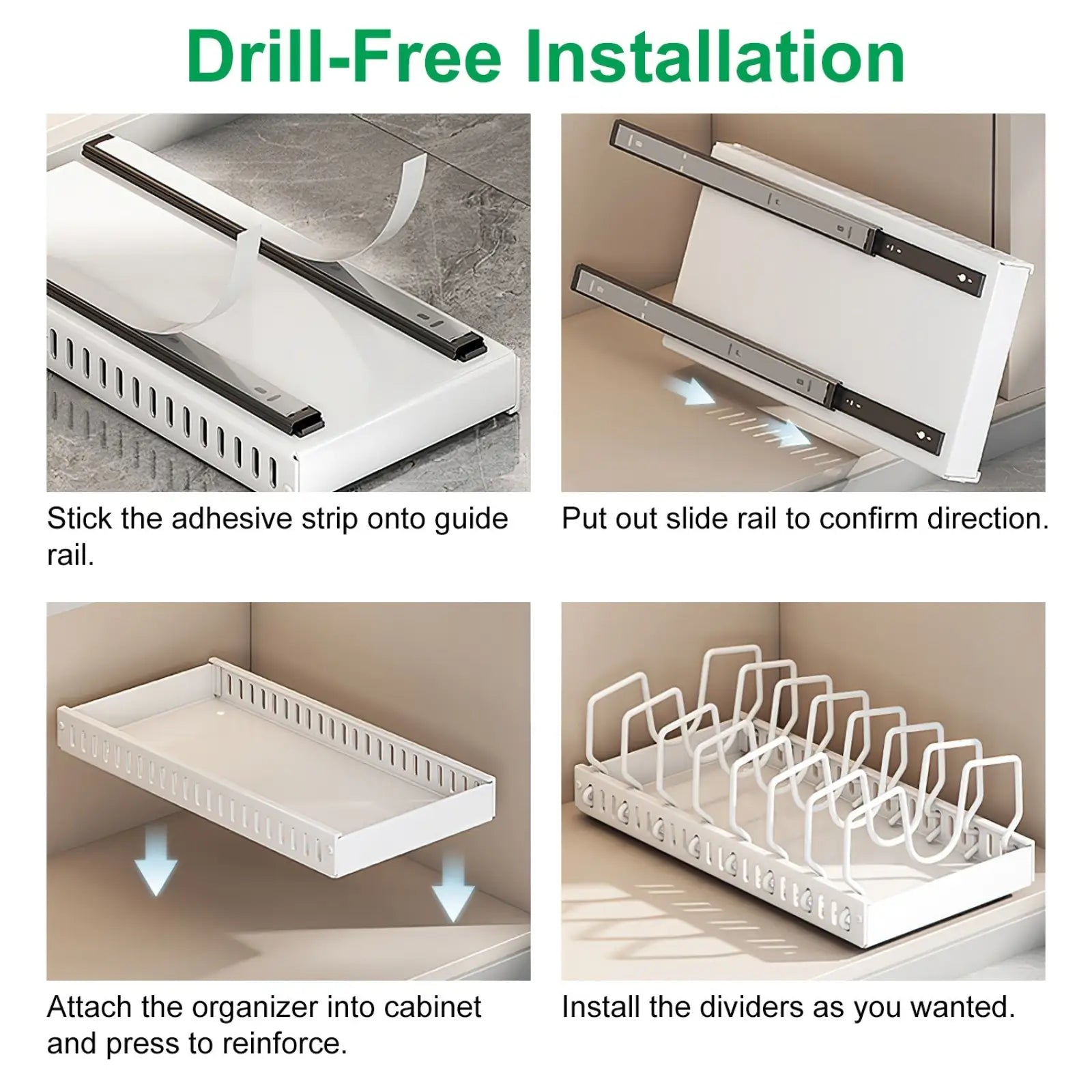 White plastic pull out pots and pans organizer with slide rail system and 8 adjustable dividers for cabinet storage